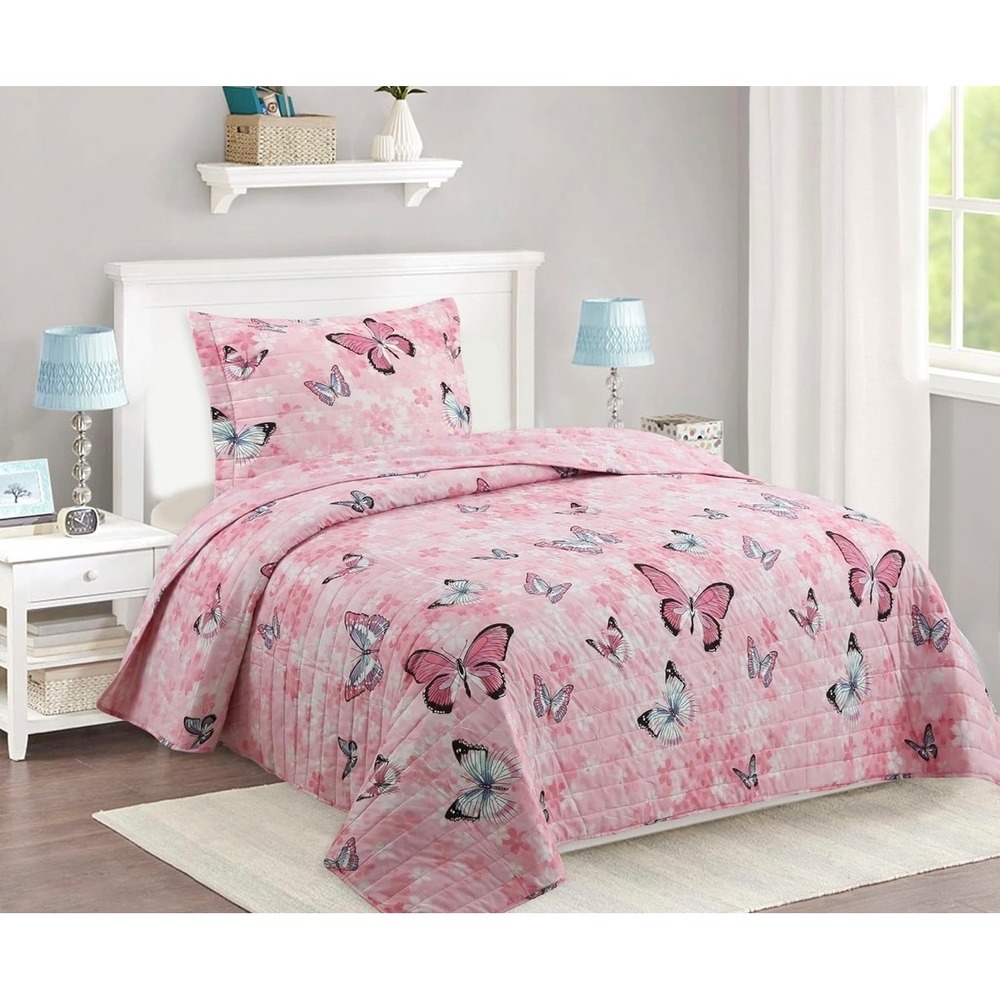 MarCielo Kids Butterfly Pink Twin Quilt Set 2pc Luxury Bedding Cherry Blossom
